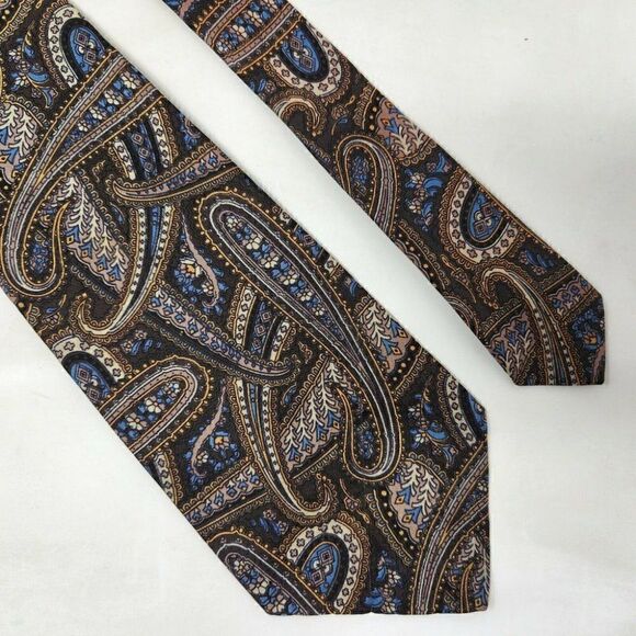 CHRISTIAN DIOR PARIS NEW YORK CRAVATES SILK TIE PAISLEY BROWN BLUE GOLD 4" - Picture 1 of 2